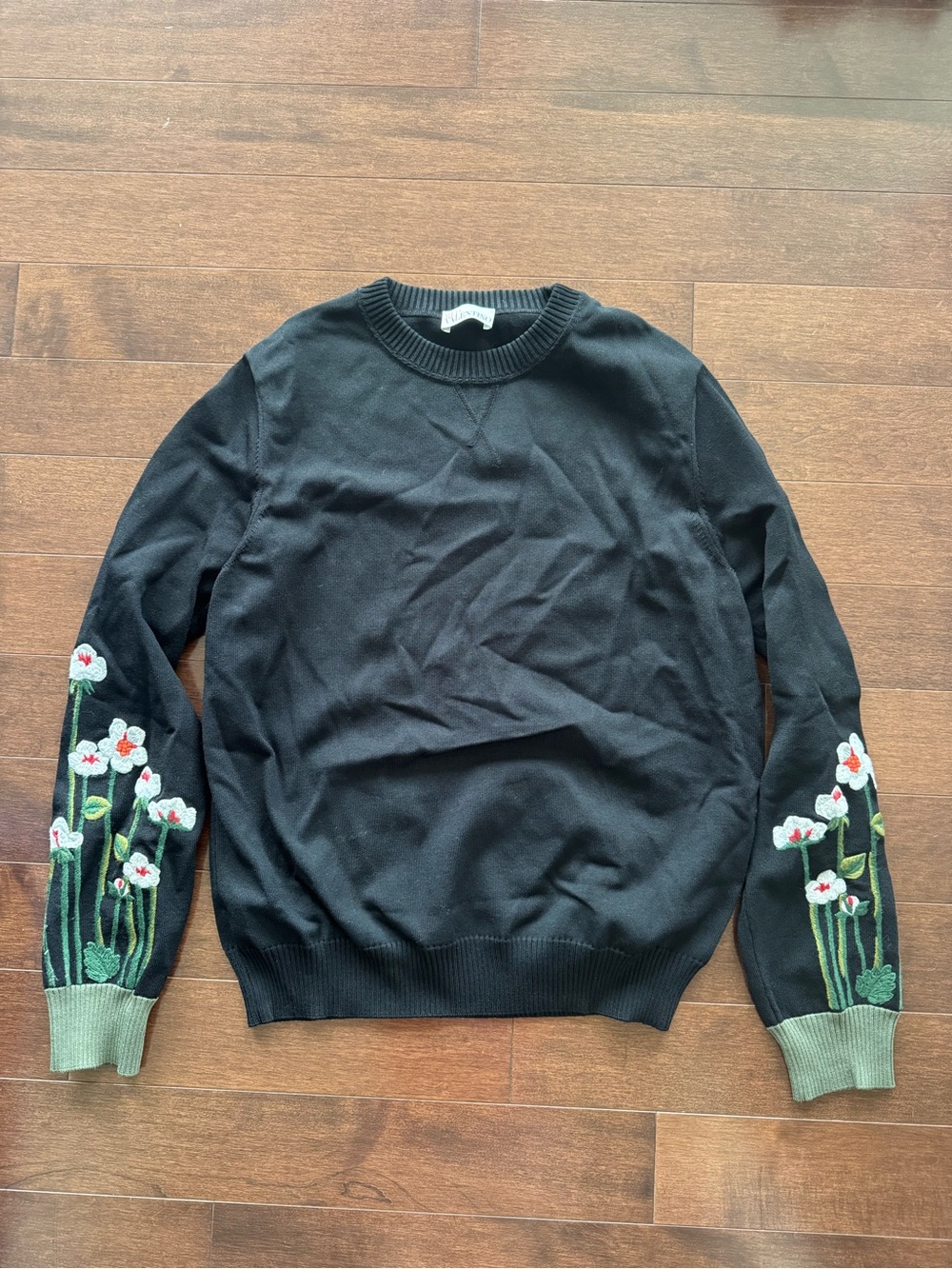 RED Valentino Black Crewneck Sweater with Floral Sleeve Embroidery Green cuffs